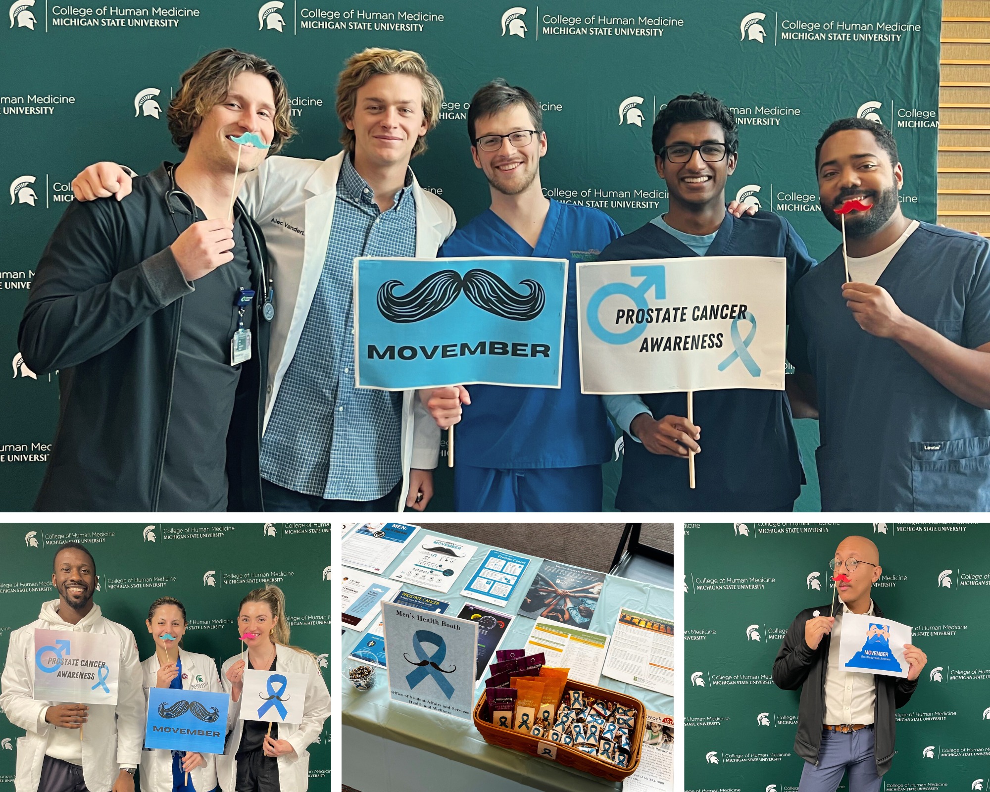 Movember collage of students interacting with props.