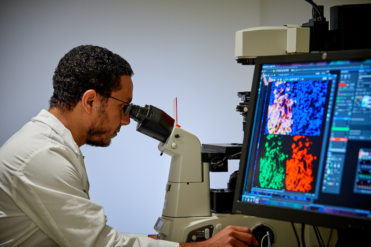 A researcher looking into a microscope.