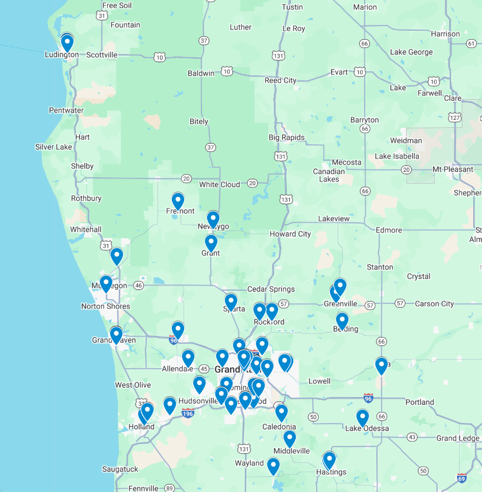 Map of Michigan showing Corewell sites in West Michigan