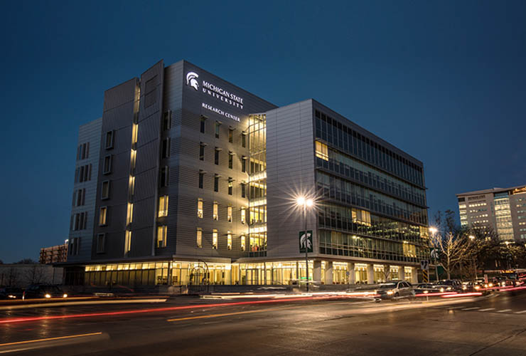 MSU Research Center in Grand Rapids at night.