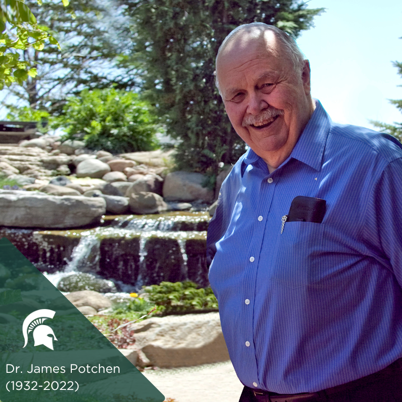Dr. James Potchen (1932-2022) standing in the Radiology Healing Gardens.