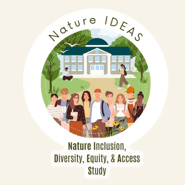 Nature ideas logo that has a group of students gathered outside. Ideas is an acronym for inclusion, equity and access study.