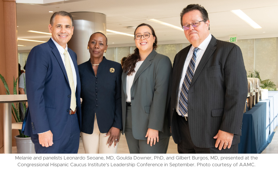 Group photo of Leonardo Seoane, MD, FACP Executive Vice President and Chief Academic Officer, Ochsner Health Goulda Downer, PhD, FAND, CNS Associate Professor, Howard University College of Medicine, Melanie Valentin Medical student, Michigan State University College of Human Medicine and Gilbert Burgos, MD, MPH Interim President, National Hispanic Medical Association