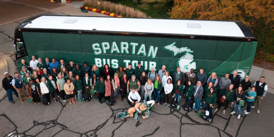 Ariel photograph of the Spartan Bus Tour and all of the participants.