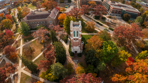 arial dron shot of the area around Beaumont Tower.