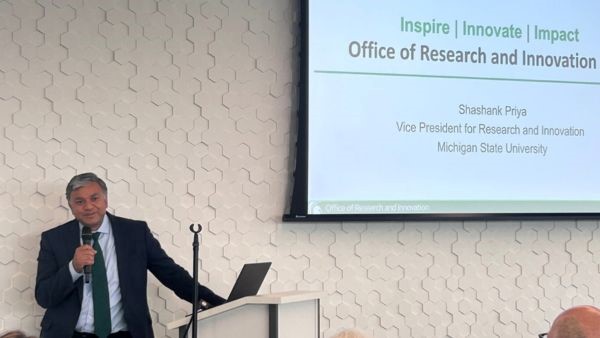 Shashank Priya, PhD, vice president of research and innovation, speaking at It Started at State event.