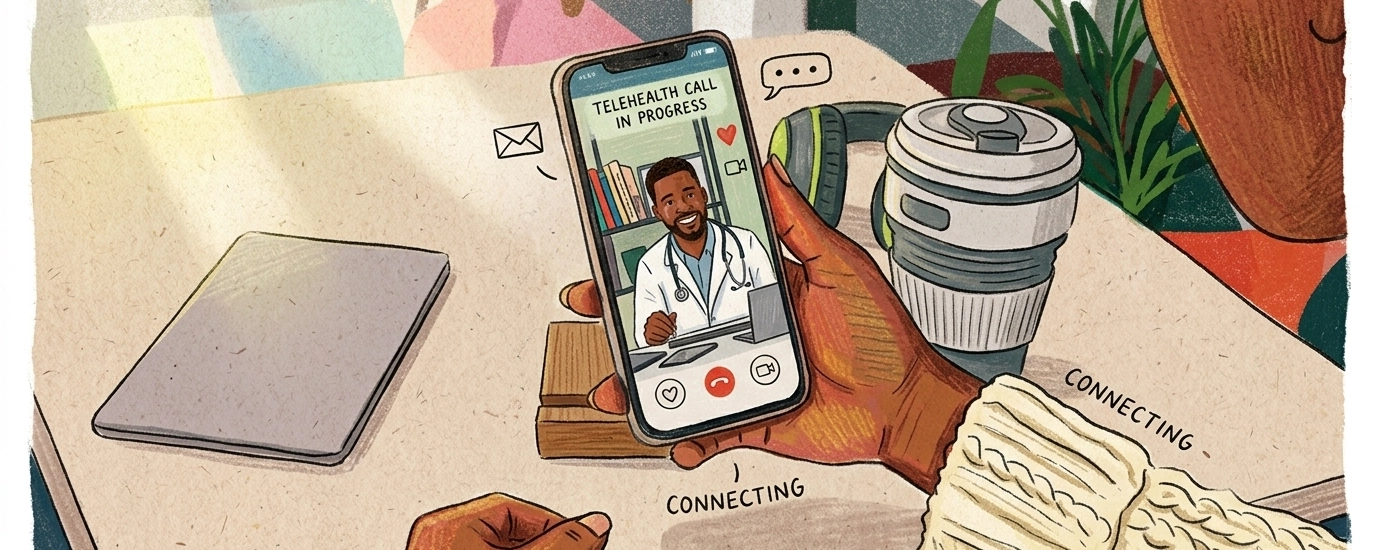 TEACH lupus illustration showing a hand holding a phone during a telehealth meeting.