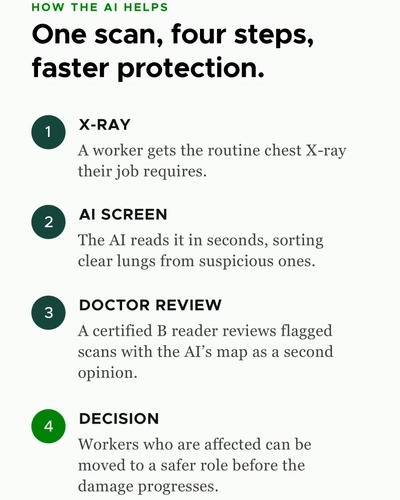 Infographic titled "How the AI Helps: One scan, four steps, faster protection" listing a four-step process: 1. X-Ray, 2. AI Screen, 3. Doctor Review, and 4. Decision. Graphic by Deon Foster, MSU