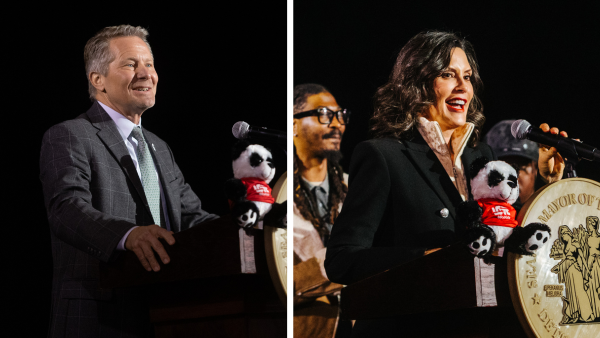 MSU President Kevin Guskiewicz and Governor Gretchen Whitmer speaking at the baby love event. 