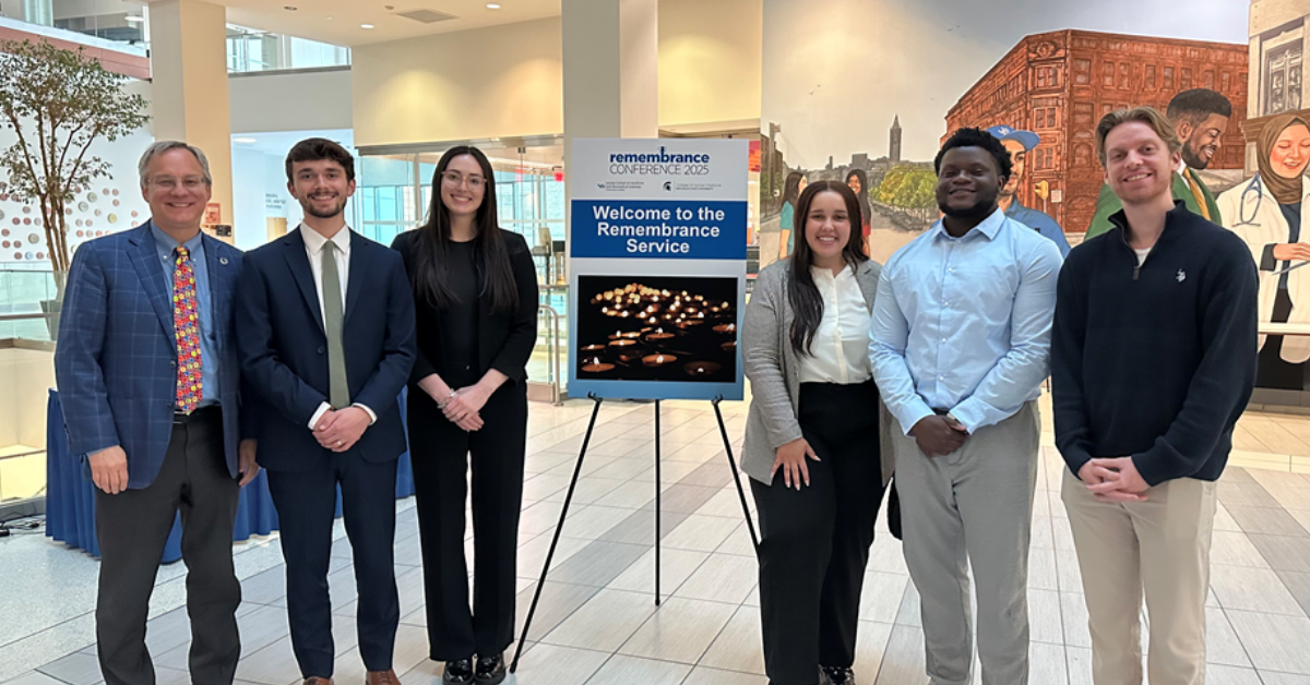 A group of participants attending the 2025 remembrance conference. From left to right: Aron, Adam Kapp, Samantha Shook, Olivia Gardiner, Faheed Shafau, and Andrew Dallas at the Remembrance Conference in Buffalo, NY.