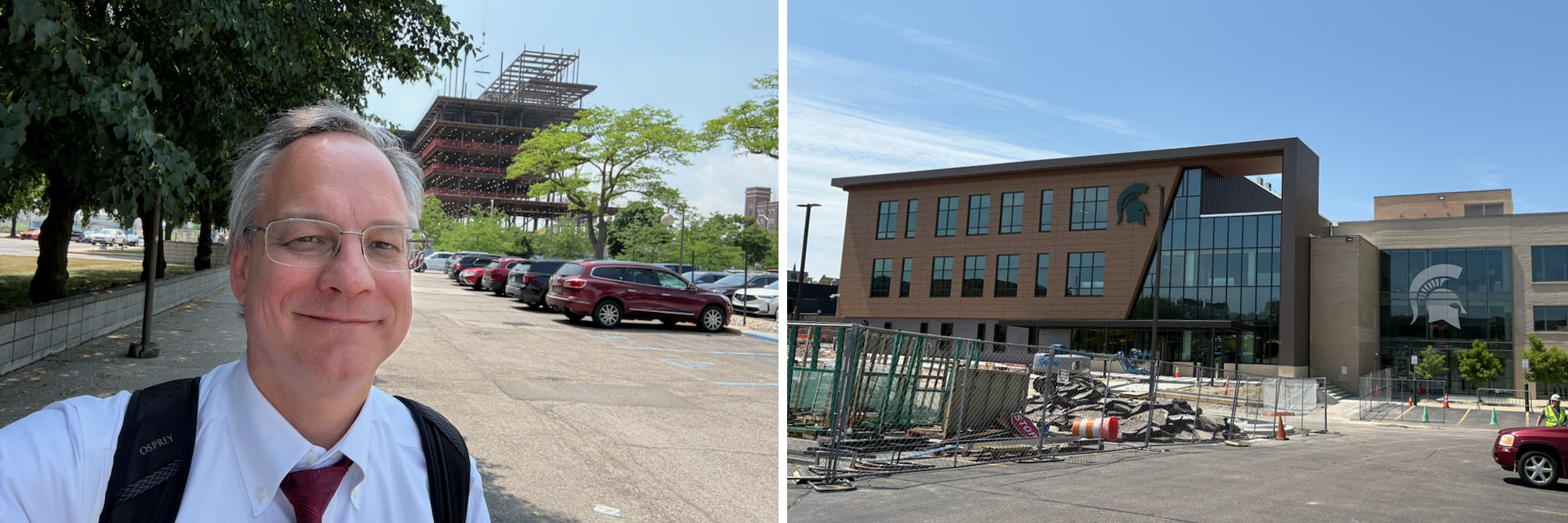 Left: Aron in Detroit in front of rising steel of the new Henry Ford + MSU research building.  Right: Aron’s picture of the Flint Campus expansion, but he forgot to do the picture as a selfie.