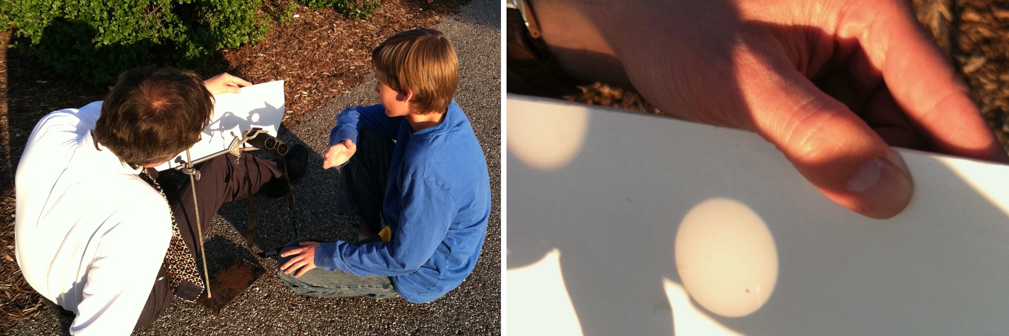 Aron and his son, on the right, observing the transit of Venus on June 5, 2012. They are using a chemistry stand to hold and align binoculars that project the sun’s image and Venus’ transit of the sun onto a white board.